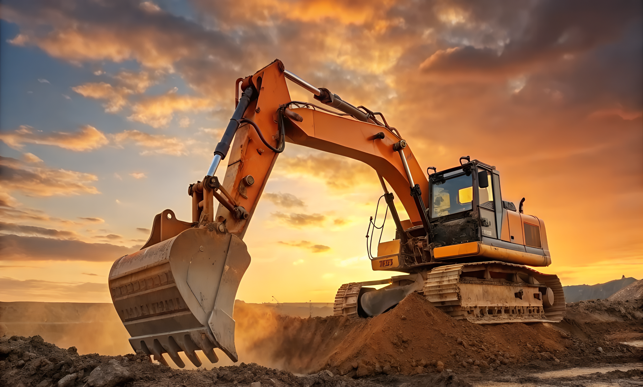 Baggerarbeiten bei Sonnenuntergang